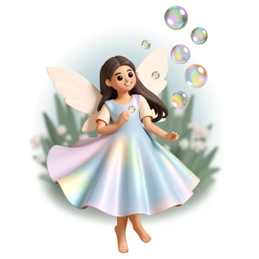 A cheerful fairy with delicate wings, adorned in a flowing, iridescent dress that reflects light in various colors. She is blowing shimmering bubbles that catch the sunlight, creating a rainbow effect as they float gracefully in the air. The fairy has a bright smile on her face, with long, flowing hair that dances gently in the breeze. Each bubble is perfectly round, some large and some small, with reflections of the surrounding environment. The background features soft, blurred greenery that enhances the magical atmosphere.