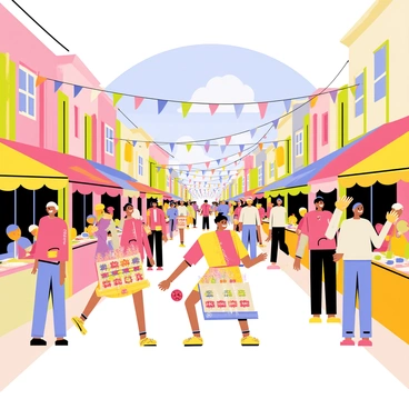 A vibrant street festival filled with colorful decorations hanging from poles and buildings. There are dancers in traditional costumes with bright fabrics and intricate patterns, moving energetically to the rhythm of music. Stalls are lined along the street, showcasing various handmade crafts and delicious food. The crowd is lively, with people smiling and enjoying the festivities. Balloons and streamers add to the festive atmosphere, while a blue sky is visible overhead.