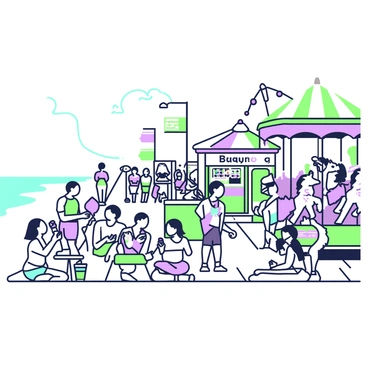 A beach boardwalk bustling with activity. In the foreground, tourists are gathered around various food stalls, savoring treats such as cotton candy and hot dogs. Some people are laughing and enjoying ice cream cones, while others are sitting at small tables. To the right, a carousel is in motion, with colorful horses going up and down, and children are gleefully riding on them. In the background, a few small shops offer souvenirs, with colorful signs displaying items for sale. People stroll along the boardwalk, with the beach visible to the left, where waves gently crash on the shore. Seagulls can be seen flying overhead, completing the lively scene.