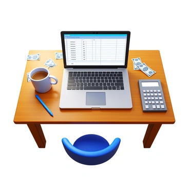 A home desk with a wooden surface, cluttered with various bills scattered across the top. A sleek laptop is open, displaying a spreadsheet for managing personal finances. Next to the laptop, a basic calculator sits, its buttons clearly visible. A pen is lying beside the calculator, and a coffee mug is positioned to one side, adding to the workspace ambiance. The lighting is warm, creating a cozy atmosphere in the setting.
