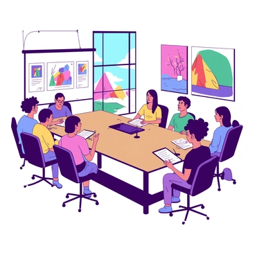 In a sleek conference room, a group of illustrators is gathered around a modern wooden table. Each illustrator is presenting their portfolio, showcasing vibrant artwork. The walls are adorned with large pieces of bright artwork, featuring a mix of bold colors. Large windows allow natural light to pour in, illuminating the space and creating an inviting atmosphere. A digital projector displays one of the portfolios on a screen at the front of the room, while the clients listen attentively, taking notes on tablets.