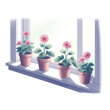 A collection of colorful geraniums in terracotta pots on a sunny windowsill