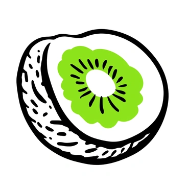 A close-up illustration of a sliced kiwi with its inner flesh prominently displayed. The vibrant green interior is detailed with a pattern of tiny black seeds scattered throughout. The textured surface of the kiwi's skin is visible around the edges of the slice, showcasing its fibrous texture.