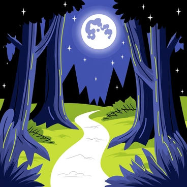 A narrow path winding through a dense forest with tall trees surrounding it. The forest floor is covered in lush green foliage and soft moss. The night sky above is filled with stars, and a large "blue moon" casts a soft glow over the scene. The light from the moon creates shimmering highlights on the leaves and illuminates the path, giving it a mystical appearance. The shadows of the trees stretch across the path, adding depth to the serene environment.