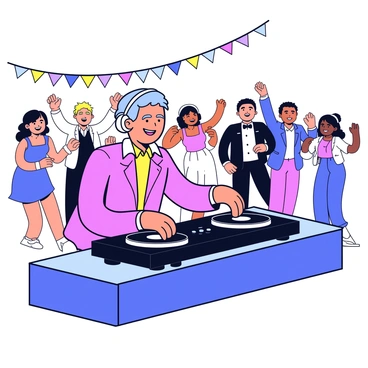 A DJ is standing behind a sleek black sound mixing console, wearing headphones and focused on the turntables. Colorful lights are illuminating the scene, creating a lively atmosphere. In the background, a group of guests is dancing joyfully, with some waving their arms in the air and others smiling at each other. The guests are dressed in formal attire, with a mix of dresses and suits, adding to the festive vibe of the wedding reception. Streamers and decorative elements are visible, enhancing the celebratory mood.