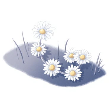 A handmade chain made of daisies is artistically arranged on a patch of grass. Each daisy features white petals surrounding a yellow center, creating a delicate and natural look. The grass is lush and vibrant, covering the ground beneath the chain. The daisies connect to one another, forming a continuous loop that gently curves along the surface of the grass.