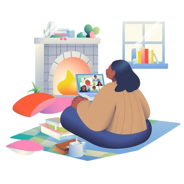 A storyteller with dark hair and a warm smile is sitting by a glowing fireplace. She is wearing a soft, knitted sweater in earthy tones. The room is filled with inviting decorations, including plush cushions and a colorful rug beneath her. In front of her, a laptop is open, displaying captivated online viewers on the screen. A steaming mug is placed on a small wooden table beside her, while the flickering flames cast soft shadows across the room, enhancing the cozy atmosphere. A stack of books is nearby, hinting at the many tales she has to share.