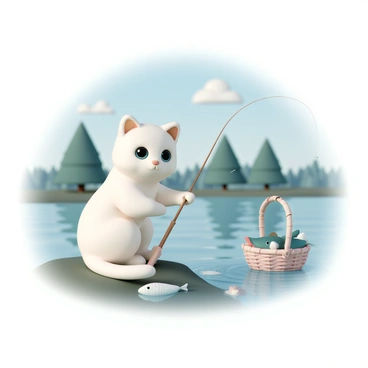 A ragdoll cat, with fluffy blue eyes and soft, white fur, is sitting on the edge of a peaceful lake. The cat is holding a fishing rod with its paw, focused on the water. Next to it, there is a woven basket filled with freshly caught fish. The lake's surface is calm, reflecting the surrounding trees and the clear blue sky above. In the background, gentle ripples can be seen where the fish are stirring.