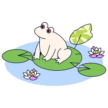 An albino frog with smooth, pale white skin sits on a round green lily pad. The frog's eyes are bright red, contrasting sharply with its body color. Surrounding the lily pad is calm water, reflecting the vibrant green of nearby leaves. The scene includes a few delicate pink and white water lilies floating nearby, adding subtle color to the composition.