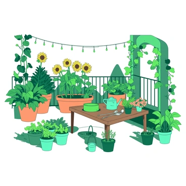A green apartment balcony is filled with various plants and colorful flowers. There are vibrant orange pots containing lush ferns and tall sunflowers. A white railing surrounds the balcony, adorned with climbing vines that cascade down. Small teal planters are arranged neatly, showcasing herbs like basil and mint. A wooden table in the center holds a watering can and gardening tools, while string lights are hung above, providing a cozy atmosphere.