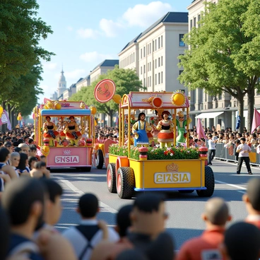 A vibrant parade taking place on a sunny day, featuring multiple floats that represent different member regions of a confederation. Each float is uniquely decorated with bright colors and symbols that embody the culture and heritage of its respective region. The first float showcases traditional costumes and dance, with performers in elaborate outfits. The second float is adorned with flowers and plants typical of the region, while the third float displays iconic landmarks and architectural designs. Crowds of spectators line the streets, smiling and waving as the parade progresses, adding to the festive atmosphere. Banners and flags of various colors flutter in the breeze, enhancing the lively scene.