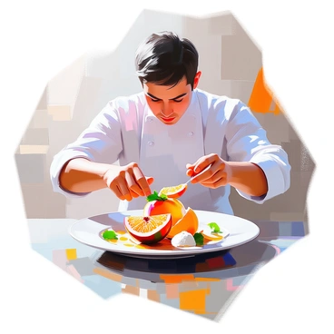 A chef with medium skin tone and short, dark hair is skillfully arranging vibrant slices of "passion fruit" on a gourmet dessert plate. The plate is elegantly designed and features a glossy finish. The chef's hands are focused and precise as they place each slice in an artful manner. There are small dollops of "whipped cream" and "mint leaves" scattered around the plate, enhancing the presentation. The setting includes a well-organized kitchen countertop with utensils and ingredients subtly visible in the background.