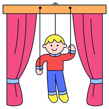 A marionette puppet with a wooden body and brightly painted features is hanging on strings. The puppet has a whimsical design, with a smiling face and colorful attire, including a red shirt and blue pants. It is suspended from intricate strings that are attached to a wooden frame. The background features the interior of a charming puppet theater, with a rich red curtain framing the stage and a spotlight illuminating the puppet, creating a focus on its playful expression.