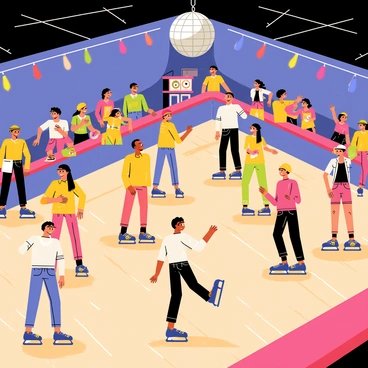 A crowded roller skating rink filled with people wearing vibrant, retro clothing. Colorful disco lights illuminate the scene, casting bright patterns on the floor. Skaters are showing off their moves as they glide across the shiny wooden surface. Some are dancing with their arms raised, while others perform spins and tricks. The atmosphere is lively, with a DJ booth in the corner playing upbeat music. A large mirrored disco ball hangs from the ceiling, reflecting light across the rink.