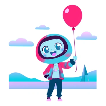 A cute chibi character with a large, round head and a small, compact body. The character has oversized, sparkling eyes and a wide smile that conveys joy. They are wearing a colorful outfit, decorated with playful patterns. In one hand, they are holding a bright red balloon, which is floating above them. The background features a simple, vibrant landscape with soft, cartoonish clouds and rolling hills.