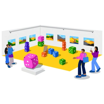 An art gallery featuring various paintings and sculptures, all thematically centered around "dice." The walls are adorned with colorful paintings depicting different types of dice in imaginative landscapes. In the center of the gallery, there are several intricate sculptures shaped like oversized dice, some stacked and others arranged in playful patterns. The lighting casts shadows that highlight the details of both the artwork and the sculptures, creating a dynamic and engaging atmosphere in the space. Visitors can be seen admiring the exhibits, adding a sense of activity and interest to the scene.