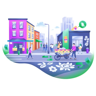 A bustling urban street scene filled with life. The scene features a variety of buildings with colorful facades. People are walking on the sidewalks, some chatting and others looking at their phones. Among them, a street vendor is selling items from a cart adorned with bright banners. The ground is decorated with intricate stencil art, showcasing various motifs such as abstract shapes and vibrant flowers. Colorful graffiti adds depth to the walls, with a large mural depicting a skyline in the background. The overall atmosphere is dynamic and energetic.