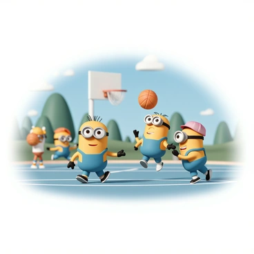 Several small yellow Minions, each with large round goggles and playful expressions, are energetically playing basketball on an outdoor court. One Minion, dribbling a bright orange basketball, wears a blue jersey, while another is jumping in the air, ready to make a shot, donning a red cap. A third Minion is positioned near the hoop, eagerly waiting to catch the ball, wearing mismatched socks. In the background, there are trees and a blue sky, highlighting a sunny day, while the court is marked with white lines and has a hoop with a net. The atmosphere is lively and filled with excitement as the Minions enjoy their game.