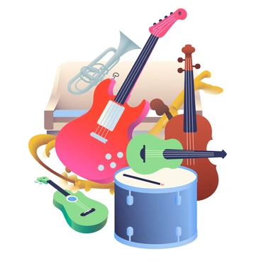 A collage featuring a variety of musical instruments arranged artistically. In the center, a vivid red electric guitar is leaning against a smooth wooden piano. Surrounding them are a silver trumpet, a classic brown violin, and a pair of black drumsticks laid across a bright blue snare drum. A green ukulele rests against the piano, while a golden saxophone curves around the guitar. The background consists of soft, blended colors that complement the instruments, enhancing their visual appeal. Each instrument is detailed, showcasing its unique features and textures.