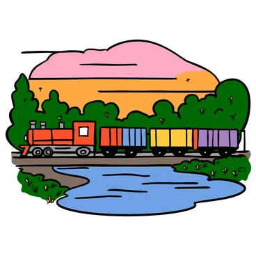 A cargo train moving alongside a shimmering river during the golden hour