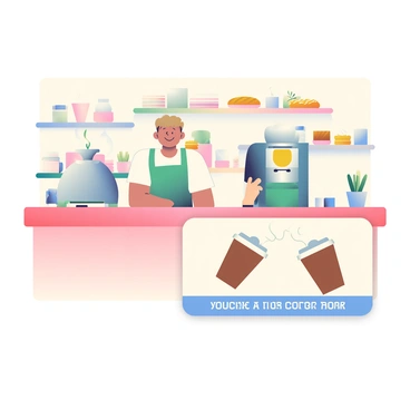 A cozy coffee shop voucher is prominently displayed in the foreground. The voucher features illustrations of two steaming cups of coffee, one with a rich brown color and the other a lighter brew, each topped with frothy milk. In the background, a friendly barista with light brown hair is smiling and wearing an apron, standing behind a counter adorned with coffee-making equipment. The shop's warm atmosphere is enhanced by soft lighting and wooden shelves filled with coffee beans and pastries. A small potted plant sits on the counter, adding a touch of greenery to the scene.