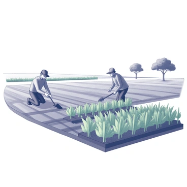 Farmers tending to crops in an agricultural landscape. The scene shows two farmers, one kneeling with a hoe, cultivating the soil around rows of green plants, while the other is standing, inspecting the growth of a nearby crop. Surrounding them are vast fields with defined furrows, creating a structured look. In the background, there are a few trees providing shade, and the sky above is clear, creating a sense of openness in the environment.