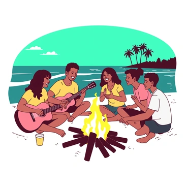A group of friends is sitting on a sandy beach around a large bonfire, with flames illuminating their faces. There are five friends in total, two of them strumming an acoustic guitar while the others are clapping and singing along. The bonfire emits a warm yellow glow, contrasting with the teal night sky above. In the background, gentle waves are lapping at the shore, and the silhouette of distant palm trees can be seen against the vibrant backdrop. Each friend has a different expression, showcasing joy and camaraderie, as they enjoy their time together.