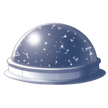 A large planetarium dome is prominently featured, with a smooth, curved surface reflecting a detailed starry night sky. The dome is filled with numerous white stars scattered across a black background, forming distinct constellations that are clearly identifiable. The scene captures a sense of wonder and exploration, inviting viewers to gaze upward at the vast expanse of the universe. Subtle details illustrate the different patterns of the constellations, enhancing the overall ambiance of the planetarium.
