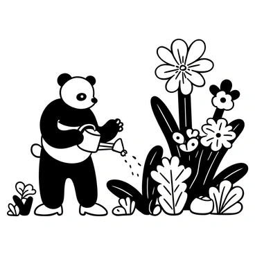 A panda standing near a variety of unique plants with intricate shapes and textures in a garden. The panda is carefully watering the plants with a watering can. Various unusual plants are blooming, showcasing different forms and sizes, with some resembling giant flowers and others looking like elaborate ferns. The garden is filled with intricate details, such as winding paths and decorative stones scattered across the ground.