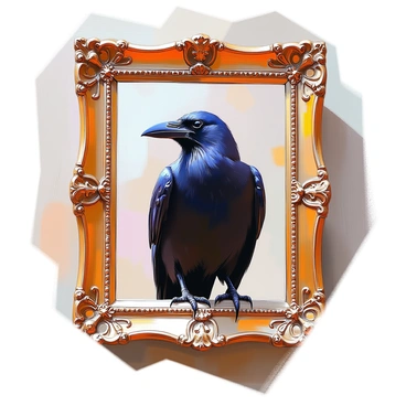 A majestic raven with glossy black feathers is perched confidently within an ornate, vintage family portrait frame. The frame is intricately designed with floral carvings and gilded details, showcasing its antique charm. The raven's sharp beak and keen eyes reflect a sense of pride as it surveys its surroundings. The background inside the frame is a soft, muted color that enhances the raven's striking appearance and the elegance of the frame. The overall composition highlights the contrast between the rich texture of the raven's plumage and the elaborate design of the frame.