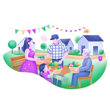 A modern pastel illustration showing a quaint village scene with several people engaged in bartering. On one side, a woman in a polka-dot dress is exchanging fresh produce with a man wearing a flat cap and a checkered shirt. Nearby, a child is holding a basket filled with colorful flowers while chatting with an elderly man sitting on a wooden bench. The background features charming, small houses with picket fences and an assortment of trees, creating a warm and inviting atmosphere. Bright banners and colorful market stalls can be seen, adding liveliness to the scene.