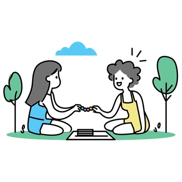 Two friends are sitting on a green patch of grass in a park under a clear blue sky. One friend has long brown hair, wearing a light blue tank top and denim shorts. They are handing a colorful friendship bracelet, made of multicolored beads, to the other friend. The second friend, with short curly hair, is wearing a yellow sundress and is smiling widely. The sunlight casts soft shadows on the ground, creating a warm atmosphere. Around them, there are a few trees with green leaves, and a picnic blanket is spread nearby, adding to the cheerful scene.
