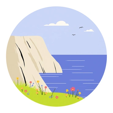 A cliffside landscape with steep rocky formations overlooking a deep blue ocean. The sky is clear, showcasing a bright blue hue with a few scattered white clouds. In the foreground, vibrant green grass grows along the edge of the cliff, while colorful wildflowers dot the scenery. The ocean below reflects the sunlight, creating a shimmering effect on its surface. Far in the distance, gentle waves crash against the rocks, and seabirds can be seen soaring above the water.