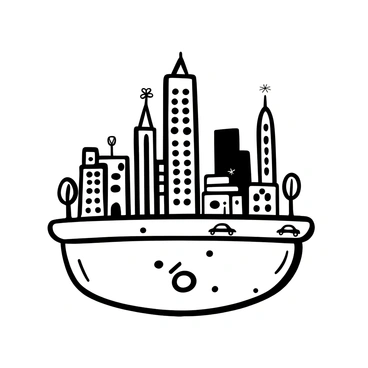 A miniature cityscape with a variety of skyscrapers emerging from a belly button. The skyscrapers vary in height and design, some with flat rooftops and others with pointed tops. Tiny cars are visible on miniature streets winding through the buildings. There are small trees and street lamps scattered throughout the cityscape. The entire scene is framed by the skin surrounding the belly button.