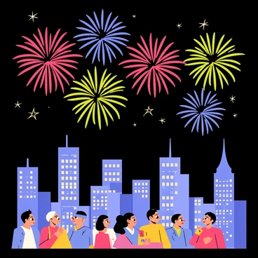 A vibrant fireworks celebration fills the night sky above a city skyline. Bright bursts of color in red, blue, green, and yellow explode in various shapes, illuminating the buildings below. The skyline features tall skyscrapers with windows glowing, reflecting the colorful lights of the fireworks. A crowd of cartoon-style people can be seen in the foreground, smiling and pointing upwards at the spectacular display. The sky is dark, providing a stark contrast to the vivid colors of the fireworks.