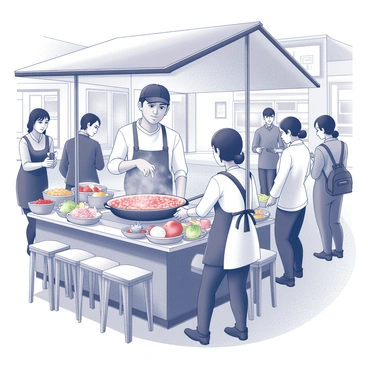 A street food vendor stands at a colorful stall, showcasing various ingredients for "tteokbokki". The vendor, wearing an apron and a cap, is actively stirring a large pan filled with rice cakes in a flavorful red sauce. The pan emits steam as the rice cakes bubble and cook. Around the stall, various customers gather, eagerly watching the cooking process. The busy street is lined with stalls and small shops, while pedestrians are seen walking by, some stopping to take photos of the vendor. A few tables are set nearby, where patrons can enjoy their meals. The scene captures the lively atmosphere of a bustling Korean street food market.