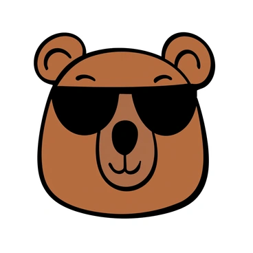 A bear's head with light brown fur is wearing stylish, oversized sunglasses. The bear has a relaxed expression, with a slight smile and closed eyes. Its ears are perked up, and it has a prominent snout. The background is simple to keep the focus on the bear's head and sunglasses, emphasizing its cool demeanor.