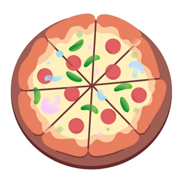 A delicious pizza is displayed, divided into 8 equal slices. Seven of the slices are vibrantly colored to highlight the fraction "8/7". Each slice is topped with a variety of ingredients, including melted cheese, pepperoni, green peppers, and mushrooms. The crust is perfectly golden brown, creating a mouth-watering appearance. The pizza is set on a wooden pizza board for added detail.
