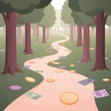 A winding path leads through a dense forest. The path is uniquely paved with shining coins and various banknotes scattered alongside. Tall trees with green foliage tower on either side, their trunks are textured with brown bark. Sunlight filters through the leaves, creating dappled patterns on the forest floor. The coins glimmer in the light, while the colorful banknotes add vibrant splashes among the greenery. In the distance, a small clearing can be seen, inviting exploration.