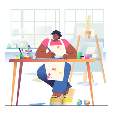 An artist with light brown skin and curly hair is sitting at a wooden table while filling out a questionnaire. The artist is wearing a white apron splattered with paint. Surrounding the table are various colorful art supplies, including tubes of paint in shades of blue, red, and yellow. There are several paintbrushes with vibrant bristles in a small jar next to the artist. The studio is bright, with large windows allowing natural light to flood in, illuminating the space filled with sketches and canvases leaning against the walls. On the floor, there are scattered sheets of paper and a palette with mixed colors.