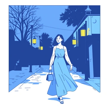 A woman is walking along a street illuminated by soft lantern light in the evening. She is wearing a long, flowing dress that gently sways with her movement. The lanterns are hanging from posts, casting warm glows in shades of yellow along the cobblestone path. In the background, there are tall trees with leaves rustling in the gentle breeze, and the sky is a deep shade of blue, creating a serene atmosphere. The woman carries a small handbag and has a relaxed smile on her face as she enjoys her stroll.