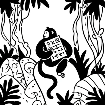 A baboon sitting on a moss-covered rock in the jungle, intently studying an ancient stone tablet. The tablet is inscribed with various intricate symbols and markings. Surrounding the baboon are dense jungle foliage, with large tropical leaves and twisted vines. In the background, towering trees create a sense of depth, while small creatures can be seen peeking through the underbrush.