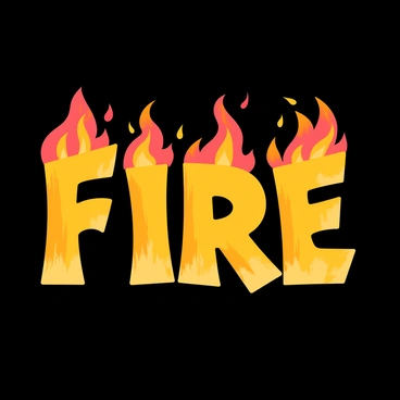 A poster with a dark background featuring the word "FIRE" spelled out in letters made of bright, flickering flames. The flames have shades of orange, yellow, and red, with the letters appearing to dance as if alive. Each letter has a distinct fiery texture, with sparks and embers radiating from them. The overall composition highlights the intensity of the flames against the contrast of the dark backdrop.