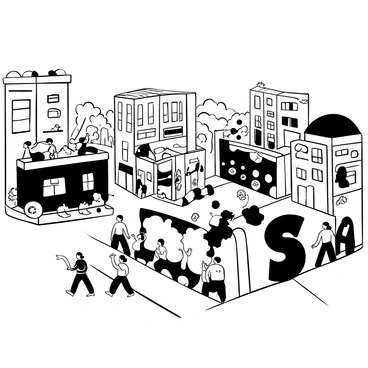 A parade taking place on a broad street filled with people. There are multiple floats shaped like various words, each designed to be visually distinct and large enough to stand out. The floats are adorned with decorative elements that emphasize their shape and theme. Marching alongside the floats are characters formed from letters, each character maintaining a specific letter shape, marching in unison as they move down the street. The atmosphere is filled with excitement, and the scenery captures the essence of a lively event.