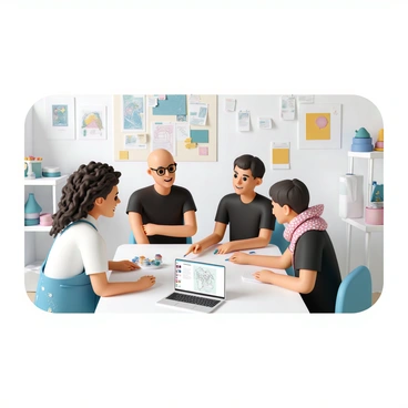 A group of four artists is sitting around a large rectangular table in a brightly lit room filled with art supplies and canvases. Each artist has a unique appearance: one has long curly hair and wears a blue paint-splattered apron, another has a shaved head and glasses, dressed in a black t-shirt, while the third wears a vibrant patterned scarf and has short hair. The fourth artist is painting on a small canvas at the side. They are engaged in lively discussion, with one artist pointing at a sketchbook opened on the table, showcasing a detailed drawing. The walls are adorned with various artworks, including paintings and sketches. A laptop sits on the table displaying an online forum page with comments and artwork thumbnails visible.