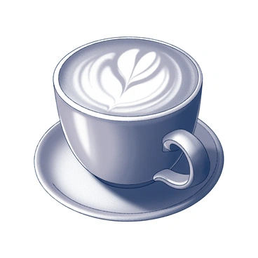 A latte placed on a smooth wooden table. The drink is served in a rounded cup with a polished surface. The foam on top features a perfectly symmetrical leaf pattern, skillfully created with intricate detailing. The cup's rim is adorned with a light brown varnish, contrasting with the creamy white foam. The latte is surrounded by a small, round saucer that complements the cup's color and design.