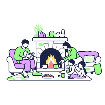 A family is gathered around a cozy fireplace, creating an inviting atmosphere. In the center, there is a comfortable sofa with several colorful cushions. On the left, a father is sitting with an open book in his hands, while a mother is next to him, leaning in to listen. Two children are sitting on the floor near the hearth, playing with a small wooden toy. The fireplace has a stone mantel adorned with decorative items, and flames are gently flickering. There are cozy blankets draped over the sofa, and a round coffee table in front of them holds mugs and a plate of cookies. The warm air seems to create a soft glow around the family.