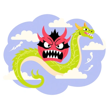 A "fierce hannya mask" with intricate features and sharp horns sits prominently in the center of the image. The mask has bold red and black colors with expressive, menacing eyes and a wide, toothy grin. Surrounding the mask is a "majestic dragon" with shimmering scales, displaying a vibrant mix of green and gold hues. The dragon is depicted soaring through "fluffy white clouds," its long body coiling gracefully as it moves through the sky. "Wisps of smoke" follow its movements, adding to the dynamic atmosphere of the scene. The background is filled with a soft blue sky, enhancing the overall majestic feel of the composition.