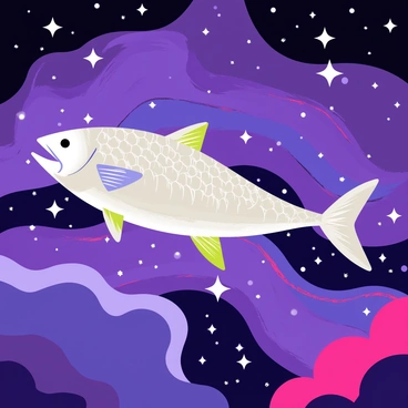 A tarpon with shiny silver scales is swimming through a galaxy filled with swirling colors and bright stars. The galaxy features shades of purple, blue, and pink, creating a vibrant backdrop. Bright white stars dot the scene, twinkling against the colorful cosmic clouds. The tarpon's fins and tail are gracefully curved as it moves through this imaginative space environment.