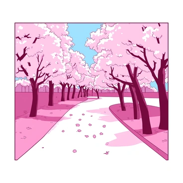 A path is lined with cherry blossom trees in full bloom. The delicate pink blossoms are vibrant against the clear sky. Soft petals fall gently from the branches, creating a floral carpet on the path below. The trees are lush and full, their branches reaching out, framing the walkway. In the distance, subtle hints of green foliage can be seen amidst the pink bloom, adding depth to the scene. The sunlight filters through the branches, casting gentle shadows along the path.